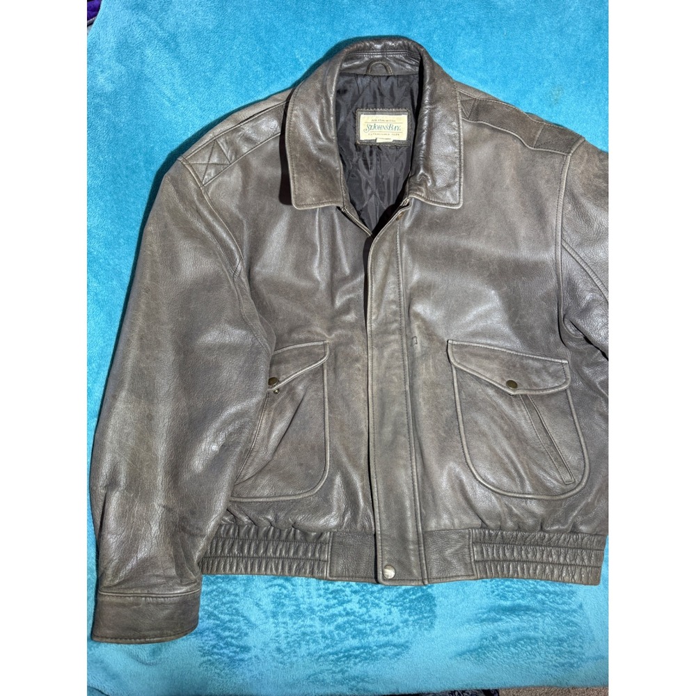 St Johns Bay Mens XXL Brown Leather Bomber Jacket Quilted Lined Full Zip Vintage